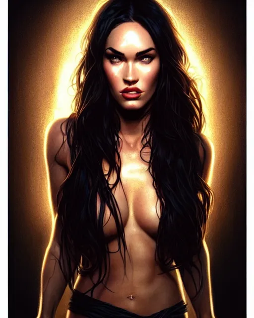 Prompt: portrait of megan fox with sultry face expression, ligh shining from glowing eyes, intricate, headshot, highly detailed, digital painting, artstation, concept art, sharp focus, cinematic lighting, illustration, art by artgerm and greg rutkowski, alphonse mucha, cgsociety