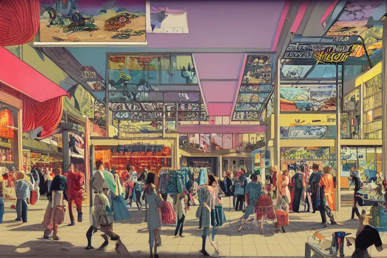 Prompt: full page comic book drawings of shopping mall scenes, bold color palette, high contrast, by carel willink and gregory crewdson, moebious, jean giraud, comic book panels, octane render, beserk anime