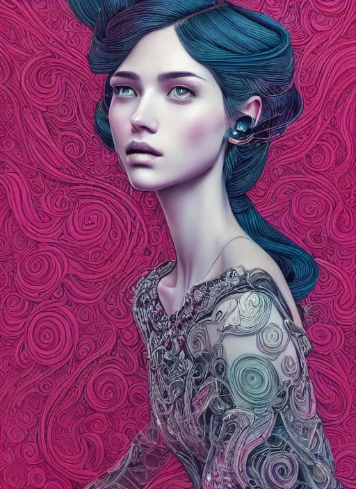 Image similar to the portrait of an unbelievably beautiful, elegant, sensual, and sophisticated young woman, an ultrafine detailed illustration by james jean, intricate linework, bright colors, final fantasy, behance contest winner, vanitas, angular, altermodern, unreal engine 5 highly rendered, ethereal, ominous, detailed and intricate environment