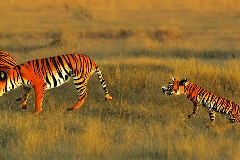 Image similar to 2 animals, one antelope and one tiger, the antelope is chasing the tiger golden hour, 6 0 0 mm, wildlife photo, national geographics