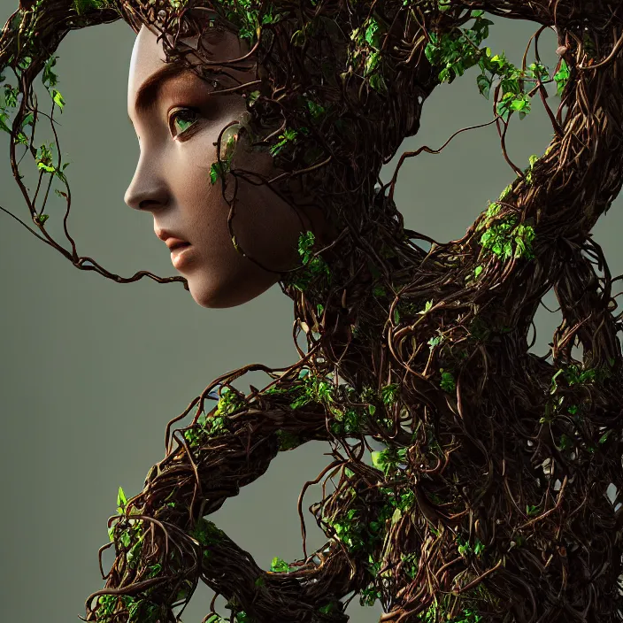 Image similar to female cyborg dryad standing, entwined by vines and roots, dark forest, surreal, light shining through, hyper - realistic, highly detailed, sharp focus, smooth, intricate, octane render