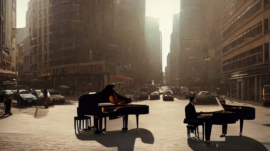 Image similar to a man in a suit wearing a goat mask playing a grand piano in the center of a busy street, morning glory light, film still from the movie directed by Denis Villeneuve with art direction by Salvador Dalí, wide lens