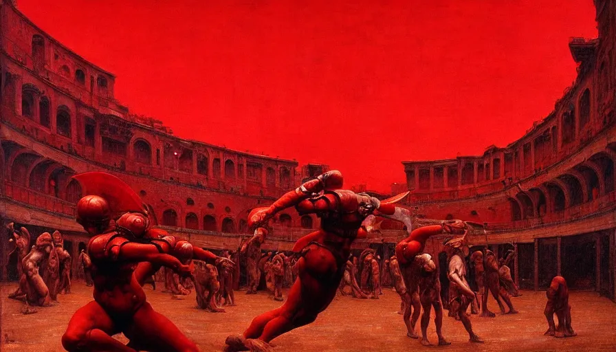 Image similar to only with red, a lightly armored gladiator in a crowded roman amphitheatre, crowd cheering, in the style of beksinski and edward hopper and rodcenko and yue minjun and artgerm, intricate and epic composition, red by caravaggio, highly detailed, masterpiece, red light, artstation, art nouveau