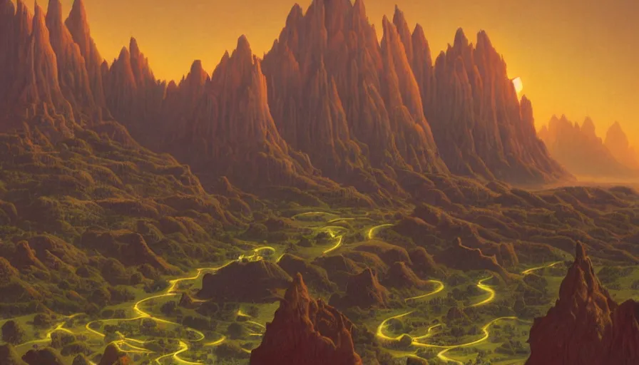 Prompt: ladnscape painting of Shadowmoon Valley from World of Warcraft, art by chesley bonestell