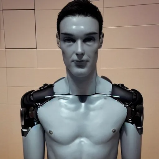 Image similar to “a realistic detailed photo of a guy who is an attractive humanoid who is half robot and half humanoid, who is a male android, Coach Shawn Flaherty, shiny skin, posing like a statue, blank stare, different eye colors, on display, sparks coming out from his body”