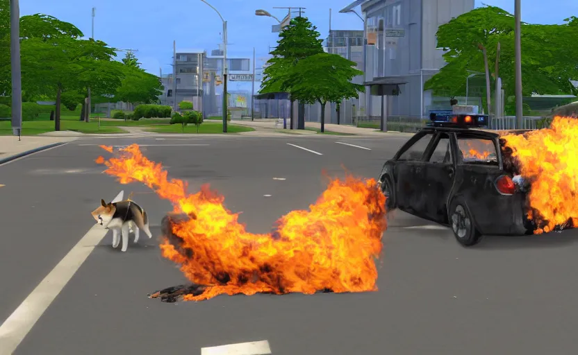 Image similar to a shiba inu watches a police car burn in the sims