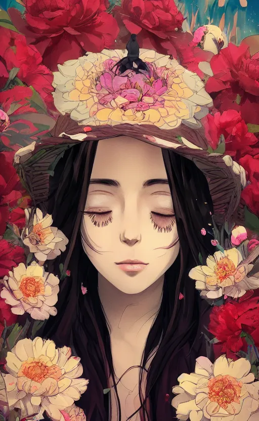 Image similar to bestselling movie poster, official media,a cinematic beautiful closeup moment of saying goodbye wearing boho poncho and sunhat with peonies, full body portrait and simple form, brutal shapes, shaman, pixiv, 1970s fashion, official anime media, cinematic lighting, artstation consept artwork by doja cat, charlie bowater, waterhouse, ,greg rutkowski, wong kar wai