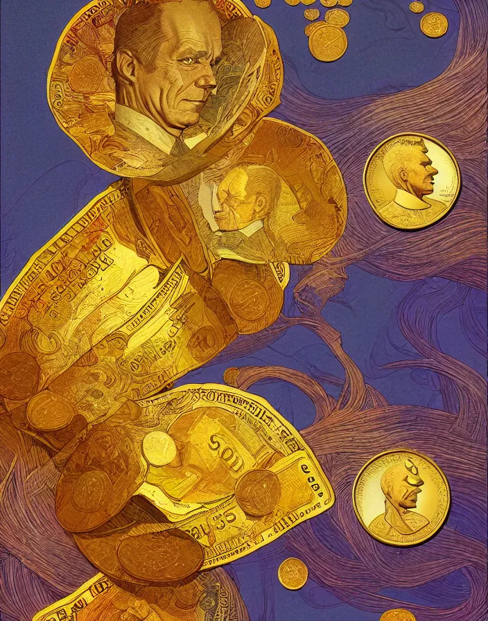 Image similar to dolar bill and gold coins from 50's, highly detailed, digital painting, concept art by Moebius Jean Giraud, sharp focus, illustration, art by Moebius Jean Giraud, Grafit Studio, and Greg Rutkowski and Craig Mullins