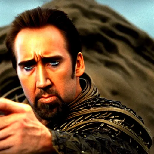 Prompt: Nicholas Cage in Dune, blue eyes, cinematic, IMAX