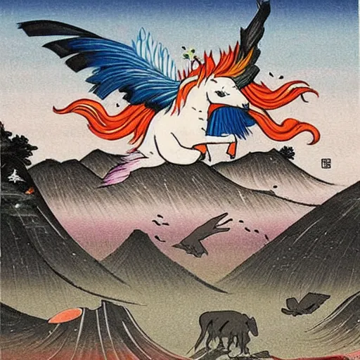 Image similar to bird riding a unicorn in the rocky mountains, japanese animals style