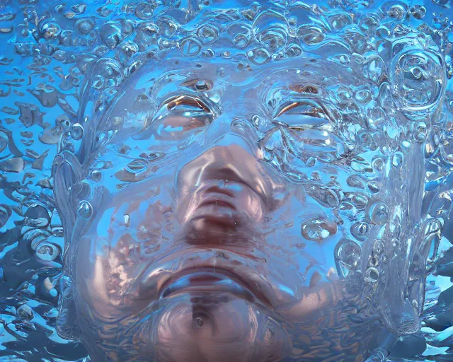 Image similar to a long shot of a giant award winning sculpture of a human head made out transparent jelly, on the surface of the ocean, in the style of chad knight, hyper detailed, hyper realistic, ray tracing, 8 k resolution, sharp focus, realistic water