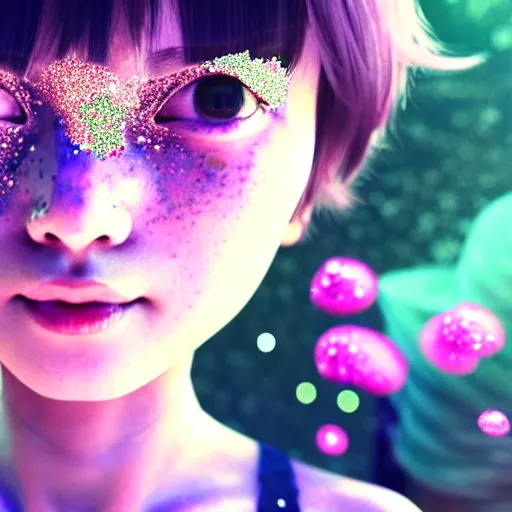 Image similar to weird cute closeup portrait of a beautiful carefree stoner girl in tanktop covered flower glitter, by katsuhiro otomo, yoshitaka amano, nico tanigawa, rendered with intense 3 d effect reflective shadowing, cinematic lighting, hyperrealistic illustration uhd 8 k