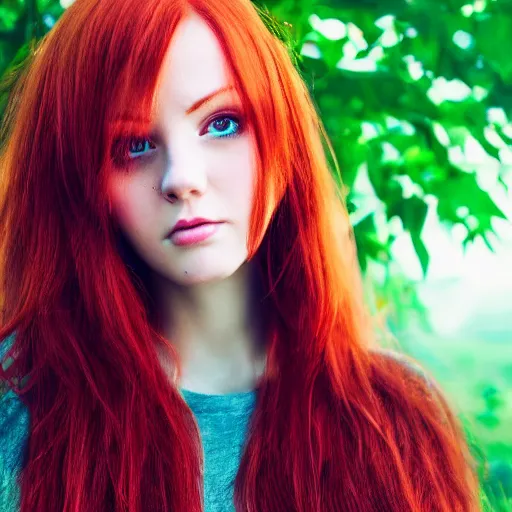 Image similar to full body detailed shot of a beautiful red haired woman with a beautiful face, green eyes high detail, looking at the camera, lush dreamy background, vaporware, 8 k