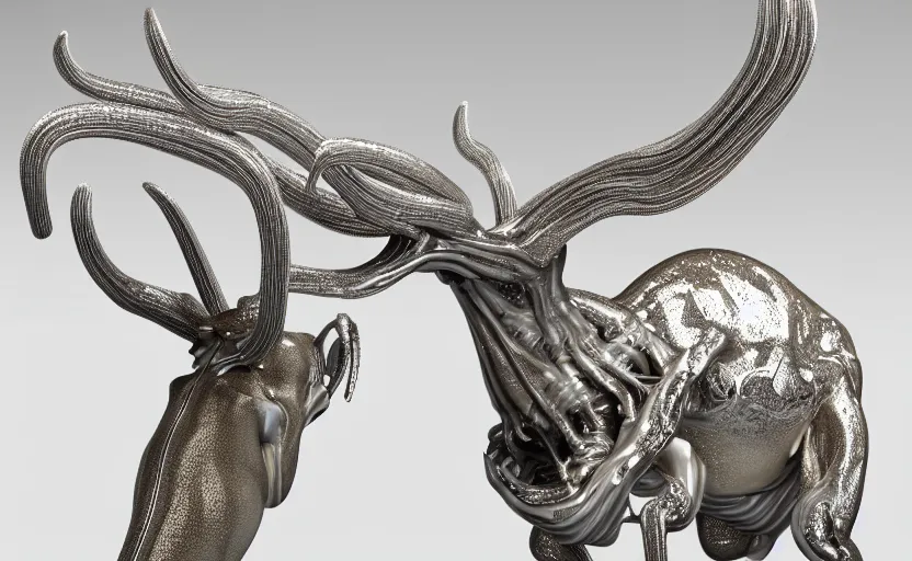 Image similar to stylized shiny polished silver statue full body extra limbs bizarre cosmic horror quadruped animal deer skull four legs made of marble of slug creature tendrils, perfect symmetrical body, perfect symmetrical face, hyper realistic, hyper detailed, by johannen voss, by michelangelo, octane render, blender, 8 k, displayed in pure white studio room