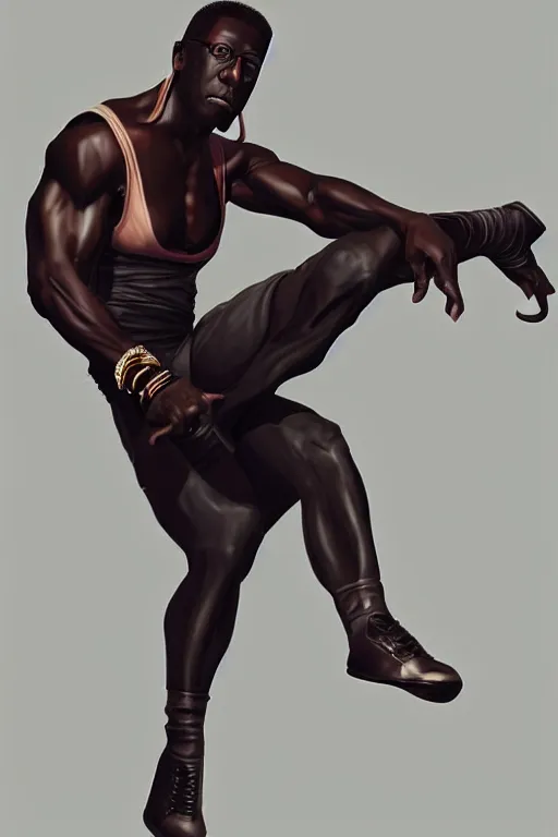 Image similar to full length portrait wesley snipes doing a side kick, digital painting, trending on artstation, concept art, sharp focus, illustration, art by aficionados and leonard and suli beli