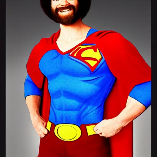 Image similar to bob ross as superman, realistic