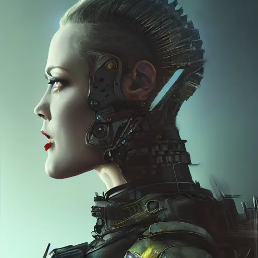 Image similar to evan rachel wood portrait, dystopia core, apocalyptic, armor, warrior, dramatic, sharp focus, fiction, neon, fantasy, hyper detailed, digital art, trending in artstation, cinematic lighting, studio quality, smooth render, unreal engine 5 rendered, octane rendered, art style and nixeu and wlop and krenz cushart