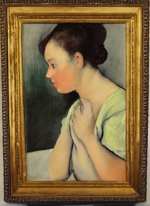 Prompt: vintage beautiful painting of a sad woman sitting at the dinner table looking at a pear in Mary Cassatt style