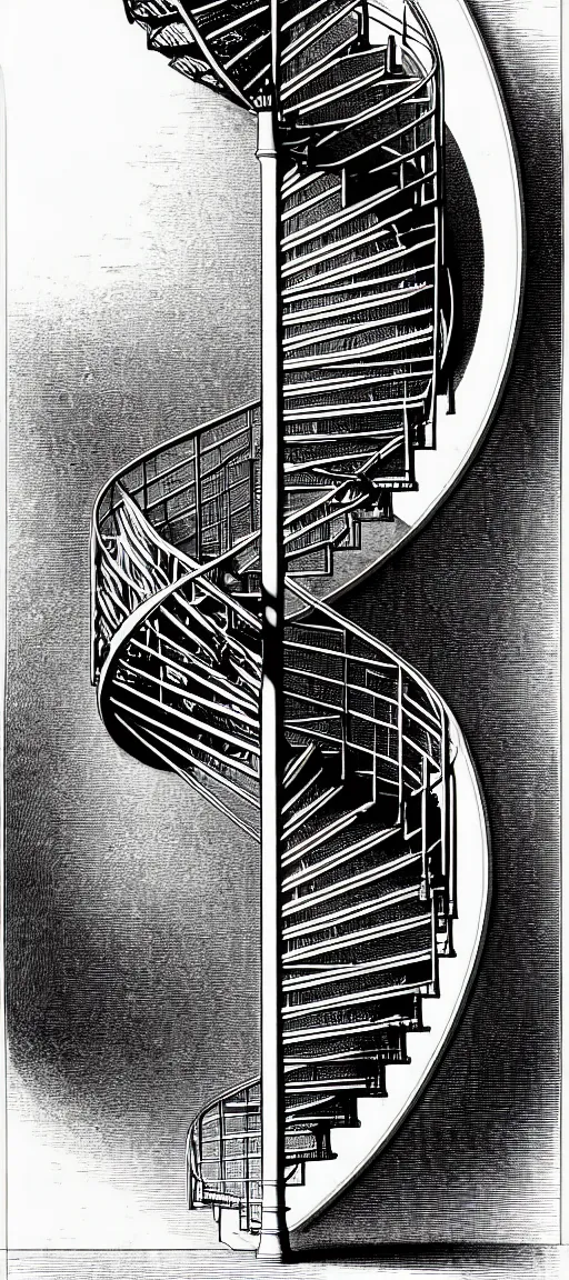 Prompt: a spiral staircase inside a tall circular tower. engraving by gustave dore, kentaro miura. extremely high details, masterpiece, artstation contest winner, black and white, smooth lines, realism, realistic, view from below