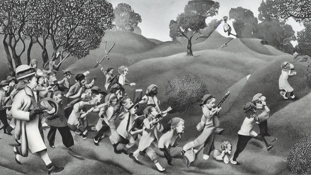 Image similar to A vintage scientific illustration from the 1970s of the Pied Piper luring hundreds of children up a hill while playing his pipe by René Magritte