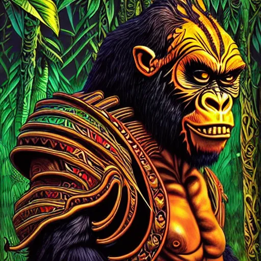 Image similar to side profile of barong family member, wiwek, mara demon, one single tribe member, jungle, one single mask, dark, ancient warrior, gorilla, lizard, tribal, inner glow, art by dan mumford and justin gerard