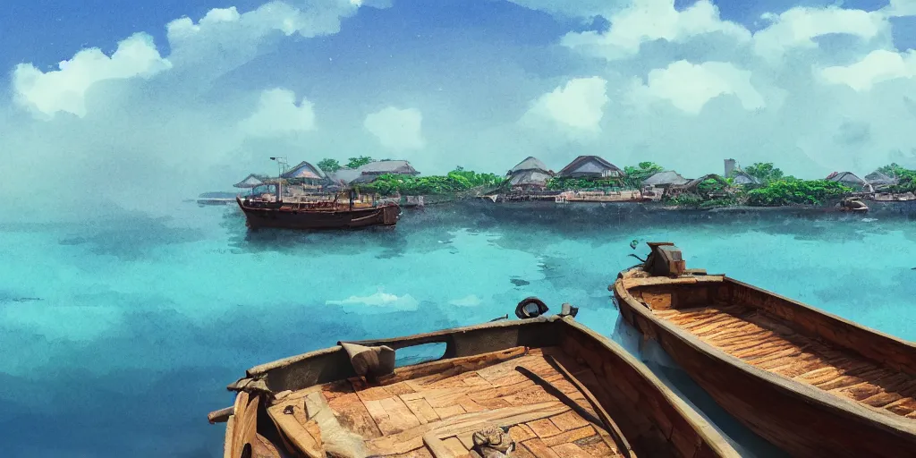 Prompt: pulau indah town, boat in foreground, early morning, detailed matte painting, low angle view, telephoto lens, bokeh, studio ghibli, artstation