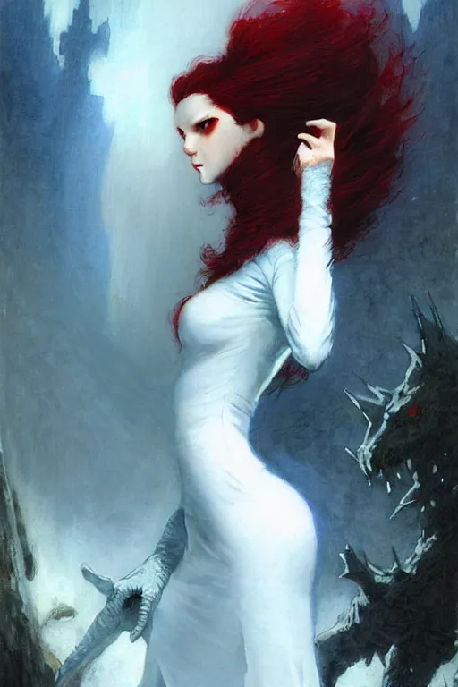 Image similar to beautiful vampire with red eyes and long red hair in a white woolen turtleneck dress, pointing at a small blue godzilla portrait dnd, painting by gaston bussiere, craig mullins, greg rutkowski, yoji shinkawa