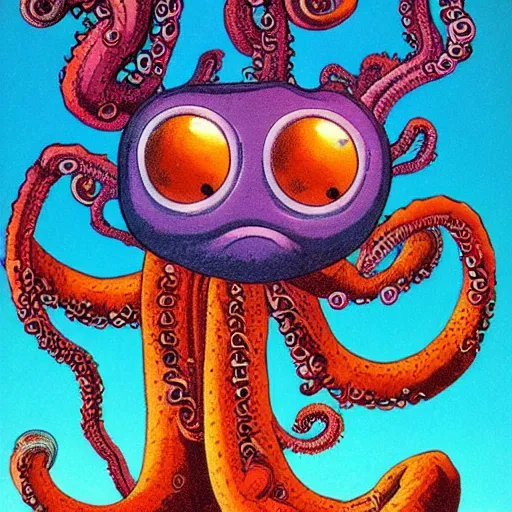 Image similar to cute portrait of alien full body with tentacles on his feet many eyes on his face with his ship destroyed