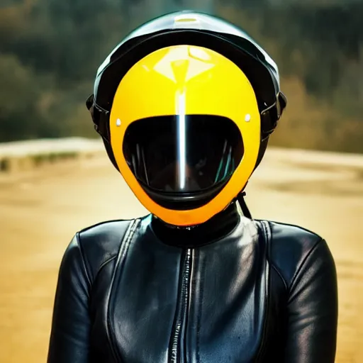 Prompt: black suit catgirl yellow motorcycle helmet, floating through galaxy