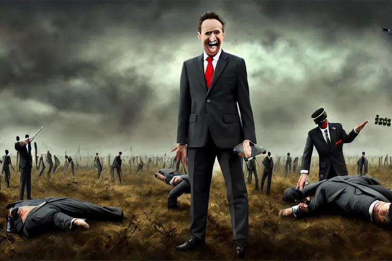 Image similar to one Comedian in suit and tie performing in a battle-field with dead bodies on the ground, comedian is funny, performing to dead soldiers, nuclear bomb in far horizon, apocalypse, trending on artstation, artstationHD, hyperdetailed matte painting, highly detailed, digital painting, hyper-realistic, realistic, photo-realistic