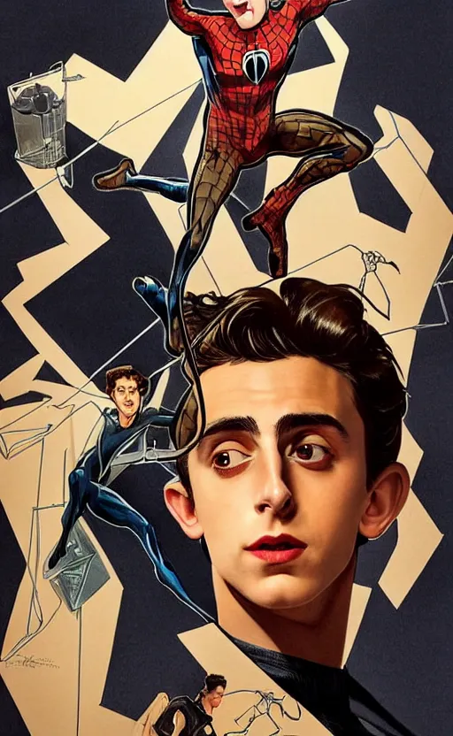 Image similar to Timothee Chalamet as Peter parker, night time, +++ super super super dynamic posing, j.c. leyendecker, Valentina Remenar, thick eyebrows, super serious facial expression