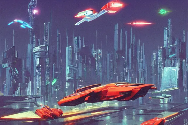 Image similar to City Scape with Flying Cars. in cyberpunk style by Vincent Di Fate