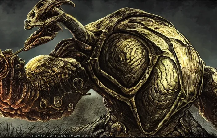 Image similar to elden ring, dark souls, strong humanoid turtle monster, photorealistic, grimdark, gruesome, full height, front view, golden ratio