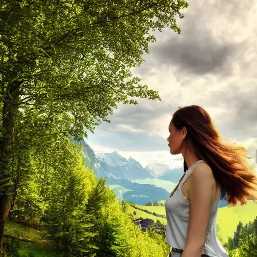 Image similar to a beautiful photograph of a girl with switzerland landscape in the background with trees, hdr, 8 k, high quality, sharp focus, artstation, highly detailed, award - winning, dramatic lighting, beautiful clouds, and nature