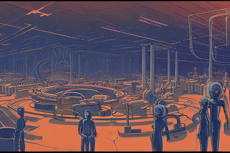 Image similar to a scifi illustration, factory interior. seen from above in FANTASTIC PLANET La planète sauvage animation by René Laloux, line brush