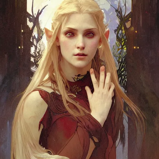 Image similar to Digital portrait of a pretty half-elf half-vampire young woman. Her eyes have red irises and vertical pupils. Art by Greg Rutkowski and Alphonse Mucha