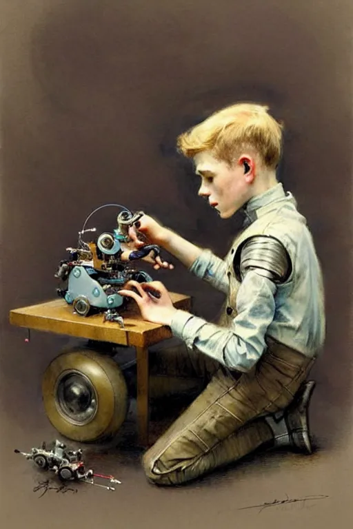 Image similar to (((((1950s a boy working on his robot . muted colors.))))) by Jean-Baptiste Monge !!!!!!!!!!!!!!!!!!!!!!!!!!!