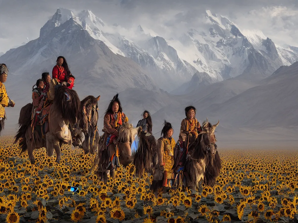 Image similar to a portrait of the mighty helianthus people, a nomadic mongolian tribe that worship the sunlight and have the ability to fly, they dwell a vast barren valley full of dry withered sunflowers, with a glacier mountain peaking through fog in the distance, by Greg Rutkowski, Sung Choi, Mitchell Mohrhauser, Maciej Kuciara, Johnson Ting, Maxim Verehin, Peter Konig, Bloodborne, macro lens, 35mm, 8k photorealistic, cinematic lighting, HD, high details, atmospheric