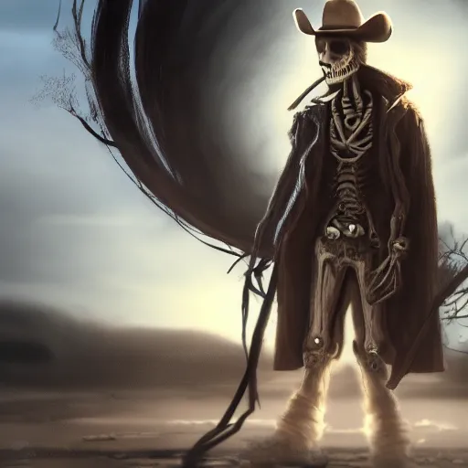 Image similar to a wounded skeleton cowboy in a long coat watching a sunset, concept art, DeviantArt, art station, illustration, highly detailed, artwork, cinematic, hyper realistic