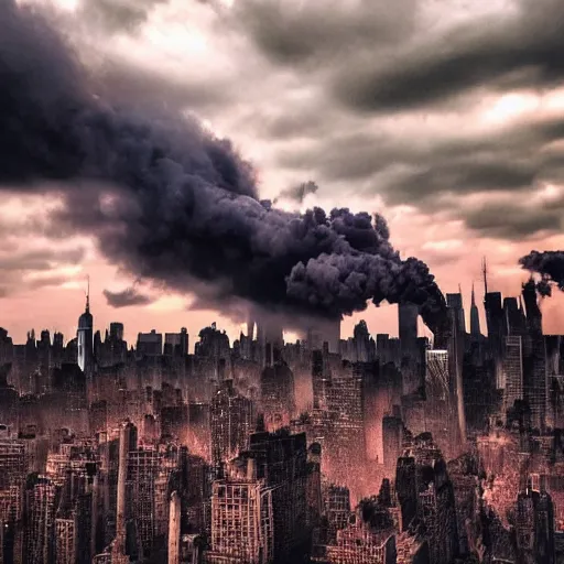 Image similar to dystopian, destroyed new york city, real, blue sky, smoke, red clouds, detailed, award winning, masterpiece, photograph, cinematic