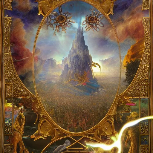 Image similar to a beautiful and highly detailed matte painting of magical tarot cards floating in the midst of magical explosions, intricate details, epic scale, insanely complex, 8 k, sharp focus, hyperrealism, very realistic, by caspar friedrich, albert bierstadt, james gurney, brian froud,