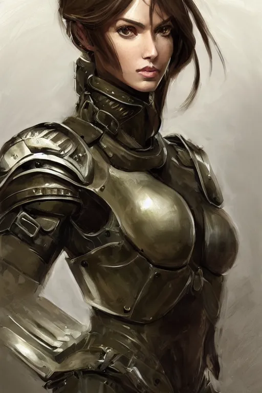 Image similar to a professional portrait of an attractive young woman, clothed in military-style battle armor, olive skin, long dark hair, beautiful bone structure, symmetrical facial features, intricate, elegant, digital painting, trending on Artstation, concept art, smooth, sharp focus, illustration, finely detailed, from Metal Gear by Ruan Jia and Mandy Jurgens and Artgerm and William-Adolphe Bouguerea, award winning