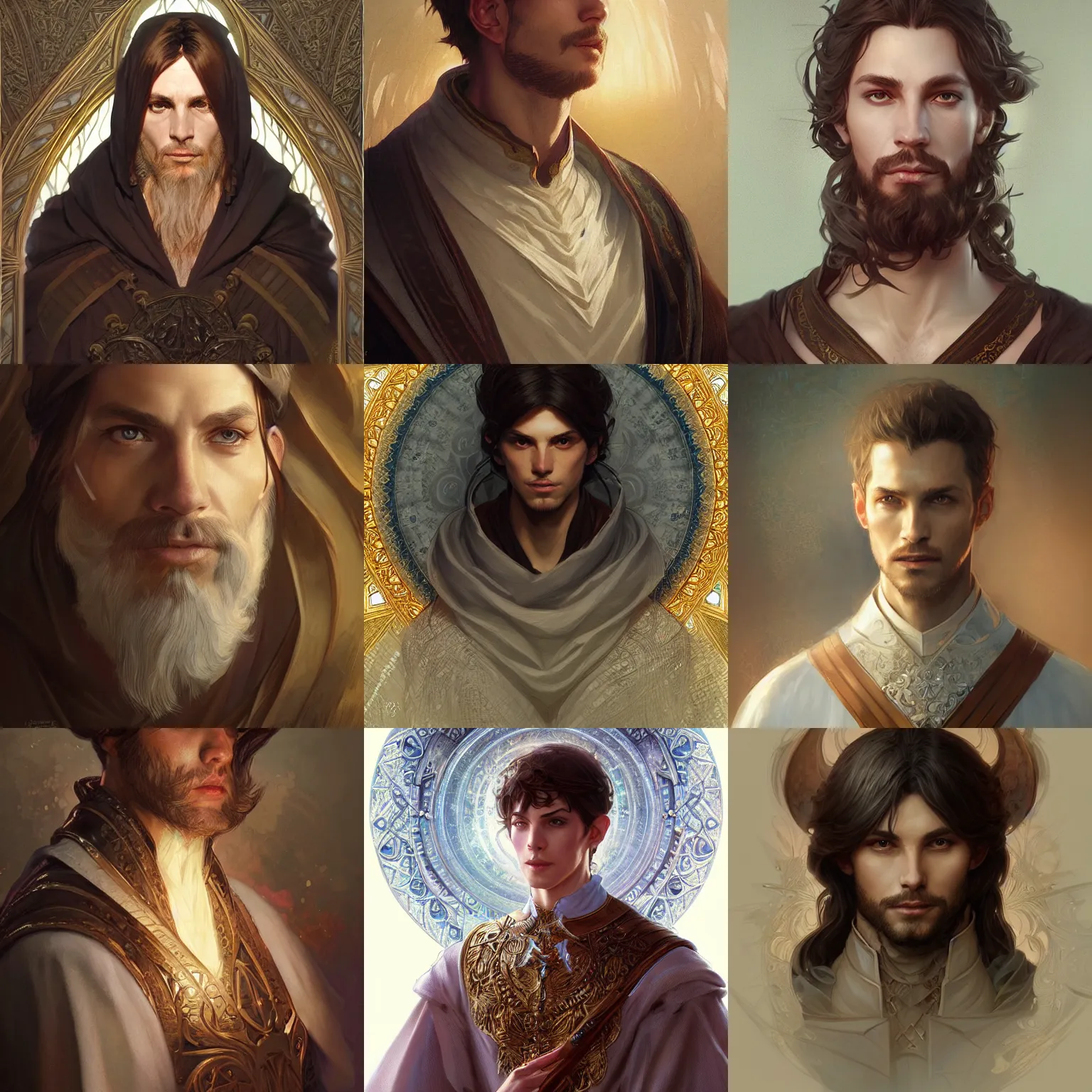 Prompt: portrait of a male cleric, D&D, fantasy, intricate, elegant, highly detailed, digital painting, artstation, concept art, smooth, sharp focus, illustration, art by artgerm and greg rutkowski and alphonse mucha