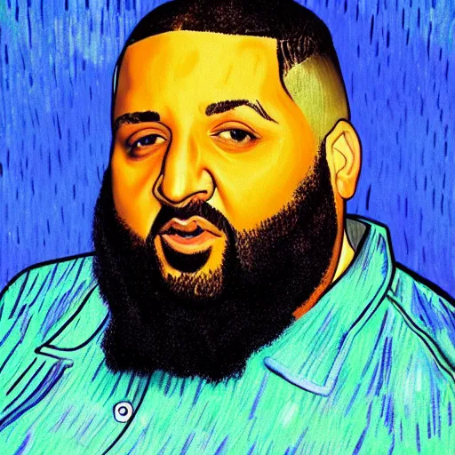 Image similar to ultra realistic portrait of dj khaled in a studio, ultra detailed, under blue, red and yellow cinematic lighting, by van gogh, cartoon