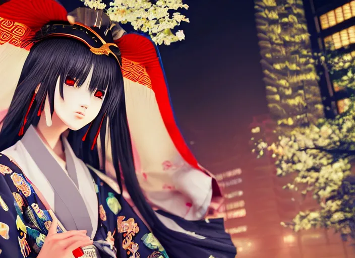 Image similar to himiko priestess kimono night tokyo street 4 k ultra realistic beautiful eyes epic lighting high detail masterpiece