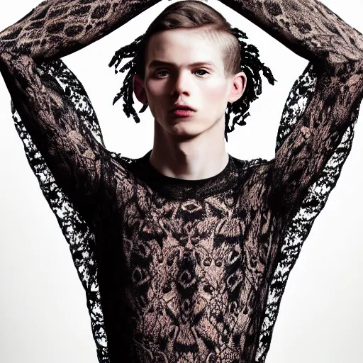Image similar to a portrait of a beautiful young male wearing an alexander mcqueen bodysuit made of ombre lace , photographed by andrew thomas huang, artistic