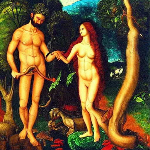 Prompt: Painting of Adam and Eve in the (Garden of Eden). Colorful.