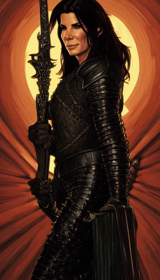 Prompt: portrait of sandra bullock as a thief wearing black leather armor and wielding a dagger in a dark alleyway, fantasy, intricate, elegant, highly detailed, digital painting, artstation, concept art, matte, sharp focus, illustration, art by travis charest and alphonse mucha