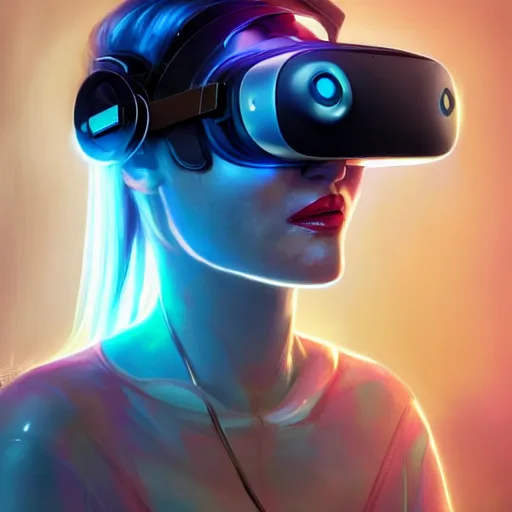 Image similar to portrait of a beautiful cybernetic raver girl wearing a oculus rift headset in a futuristic japanese penthouse, cyberpunk concept art by pete mohrbacher and artgerm and wlop and greg rutkowski, digital art, highly detailed, intricate, sci-fi, neon colors, sharp focus, Trending on Artstation HQ, deviantart, unreal engine 5, 4K UHD image