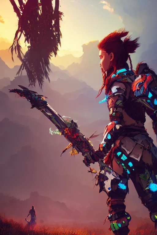 Image similar to combination suit armor aloy horizon forbidden west horizon zero dawn radiating a glowing aura global illumination ray tracing hdr fanart arstation by ian pesty and alena aenami artworks in 4 k tribal robot ninja mask helmet backpack